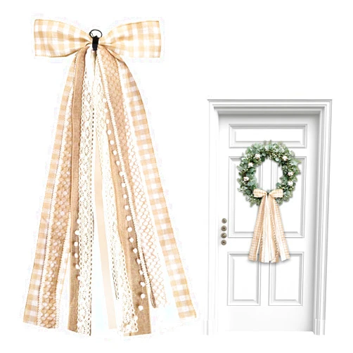 Vickasi Fall Plaid Wreath Bows for Front Door, Natural Assorted Lace Ribbon Autumn Clip-On Sash Ribbons Accessories for Wreath Thanksgiving Decorations