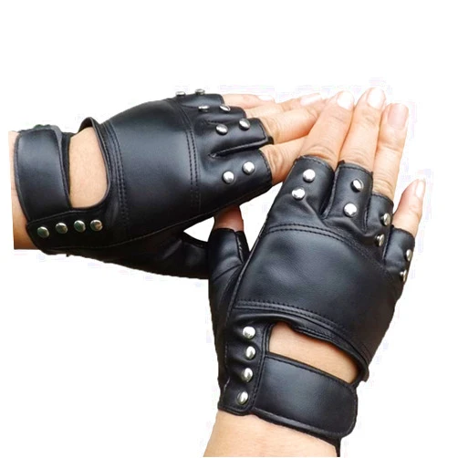JNKET Punk Rivets PU Leather Gloves - Women's Dance Hip-Hop Fingerless Half Finger