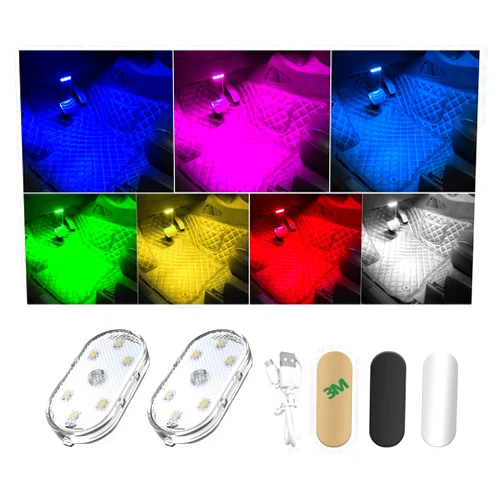 Dickno 2PCS Wireless Led Lights for Car Interior, 7 Colors Magnetic Auto Interior Light with 6 Bright LED Lamp Beads, Portable USB Rechargeable Interior Led Night Light Decor (Colorful)
