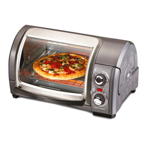 Hamilton Beach Easy Reach 4-Slice Countertop Toaster Oven With Roll-Top Door, 1200 Watts, Fits 9” Pizza, 3 Cooking Functions for Bake, Broil and Toast, Silver (31344DA)