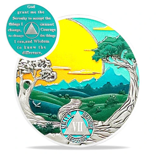 IELCJJ Green Forest 7 Year Sobriety Coin - Recovery Sun Seven Year AA Coins - Mountain Tree Road NA AA Chips and Medallions - 1-20 Prime Sobriety Chip Alcoholics Anonymous Gifts for Men Women