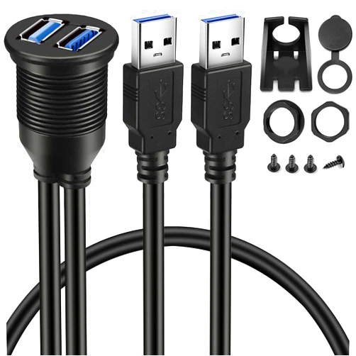BATIGE 2 Ports Dual USB 3.0 Male to USB 3.0 Female AUX Flush Mount Car Mount Extension Cable for Car Truck Boat Motorcycle Dashboard Panel -3ft