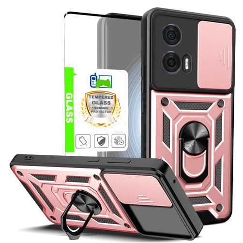 Telegaming for Motorola Edge 2024 Case with Tempered Glass Screen Protector, Military Grade Ring Kickstand Holder Shockproof Protective Armor Cover Shockproof - Rose Gold