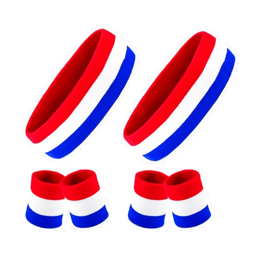 BEFORYOU 2 Sets Striped Sweatbands Set, 2 Pieces Sports Headband and 4 Pieces Wristbands Sweatbands Colorful Striped Sweatband Set American Flag Style for Men and Women Red White and Blue