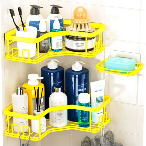 MAXIFFE Shower Caddy, 3-Pack Shower Organizer with Soap Holder, Corner Shower Caddy with 8 Hooks, Wall Mounted Shower Shelf for Bathroom, Kitchen, Countertop, Yellow