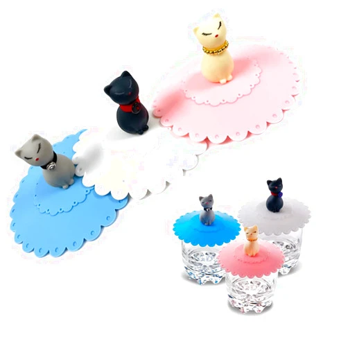 Tangser Silicone Cup Lids, Cat Mug Covers, Reusable Coffee Tea Water Cup Lids, Anti-dust, Cute Cartoon, Gift Wrap 3PCS
