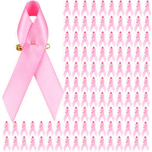 Yunsailing 150 Pcs Breast Cancer Ribbons Pink Ribbon Pins Breast Cancer Awareness Satin Pins Bulk with Safety Pins for Breast Cancer Charity Event Fundraising Campaign Party Supplies, 3 x 2.6 Inches