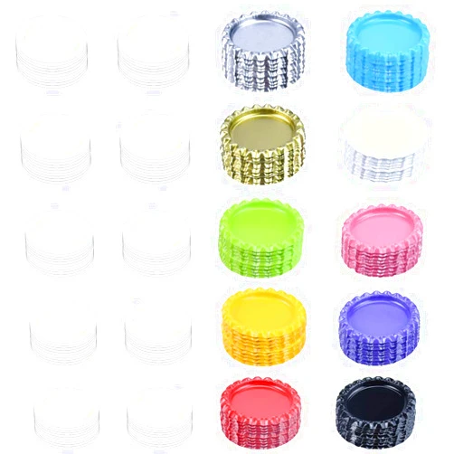Enenes Flattened Bottle Caps, 100 Pcs Bottle Crown Caps, Mixed Colors with 100 PCS Clear Epoxy Dot Stickers for Crafting Bows Pendant and Medals