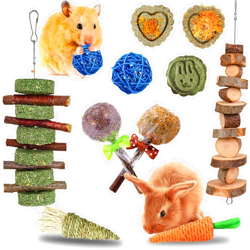 RUNANIA 20 Pcs Rabbit Chew Toys for Teeth, Natural Wood Sticks Timothy Grass Chew Bunny Treat Toys for Rabbit Guinea Pig Hamster Chinchilla Gerbil