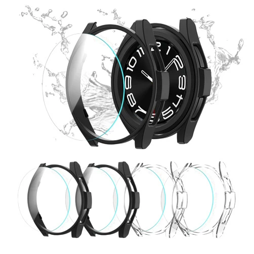 Cuteey [4+4 Pack] for Galaxy Watch 6 Classic Screen Protector Case 43mm Accessories, Hard PC Bumper Cover with Anti-Fog Tempered Glass Film for Galaxy Watch 6 Classic,Black/Black/Clear/Clear