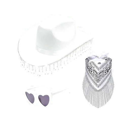 Patyhapy Rhinestone Cowgirl Hat for Women with Black Glasses and Fringe Bandana- Black Cowboy Hats - Western Bride Bachelorette Wedding Cosplay Party Costume (White)