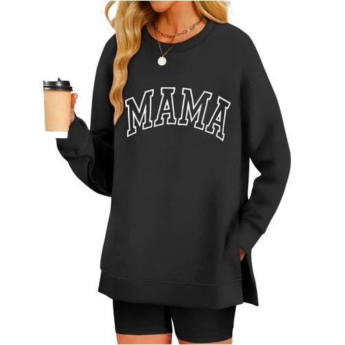 LOMON Long Sleeve Mama Shirts for Women Crewneck Oversized Tshirts Split Side Graphic Tees Fall Pullover Tops