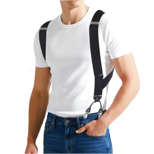 Tucnoeu Men's Side Suspenders with Dual Clips Per Side Heavy Duty Hidden Suspenders - Adjustable Elastic Braces Fitting up to 55 inches, Secure Fit, Ultimate Comfort, Black