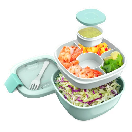 Bentgo® All-in-One Salad Container - Large Salad Bowl, Bento Box Tray, Leak-Proof Sauce Container, Airtight Lid, & Fork for Healthy Adult Lunches; BPA-Free & Dishwasher/Microwave Safe (Coastal Aqua)