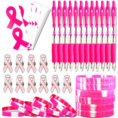 Gearoot Total 82 Pcs Breast Cancer Awareness Accessories Pink Ribbon Stuff Support for Breast Cancer Survivors, Giveaways on Pink Theme Campaigns Sports Tournaments