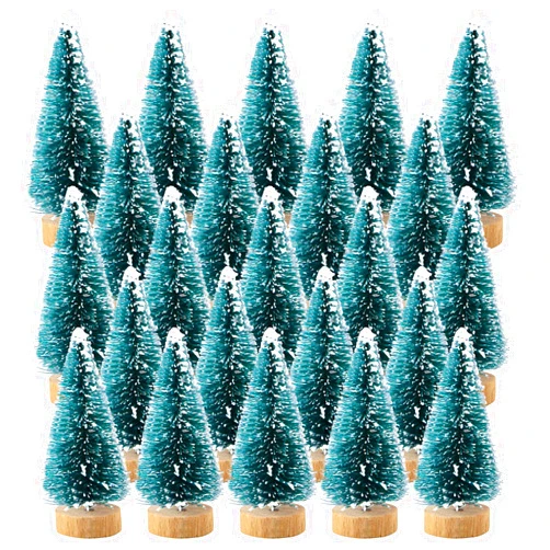Etmact 24pcs Mini Pine Trees Frosted Sisal Trees with Wood Base Bottle Brush Trees Plastic Winter Snow Ornaments Tabletop Trees for Crafting, Displaying and Decoration (24 Pack)