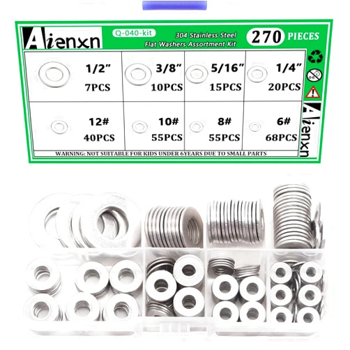 Aienxn 270PCS 8 SAE Sizes 304 Stainless Flat Washer Assortment Kit-1/2, 3/8, 5/16, 1/4, 12#, 10#, 8#, 6#, Flat Washers for Screws, Washers for Bolts Q-040-kit