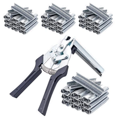 MINYULUA Type M Hog Nail Ring Pliers Kit with 2400pcs M Clips, Hand Tools Clamp Wire Cage Fasten Plier for Fence Fastening, Upholstery Installation, Animal Cages