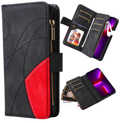 XYX Wallet Case for Samsung Galaxy A35 5G, Splicing PU Leather Flip Wallet Zipper Purse Case 9 Card Slots with Wrist Strap, Black
