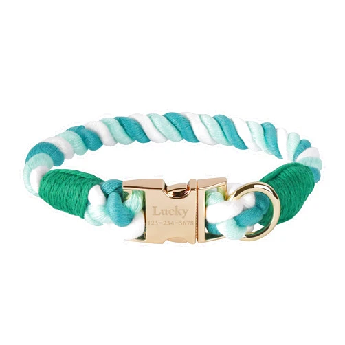 AnNengJing Personalized Dog Collar Custom Engraved Pet Name Number Soft Braided Cotton Rope Collars and Leash for Smal Medium and Large Boy Girl Dogs (Green)