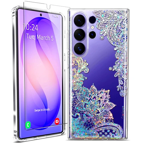 Coolwee Clear Glitter for Samsung Galaxy S26 Ultra Case, Slim Shockproof Thin Flower Cute Crystal Lace Bling Women Hard Back Soft TPU Bumper Protective Cover for Samsung S26 Ultra Mandala Henna