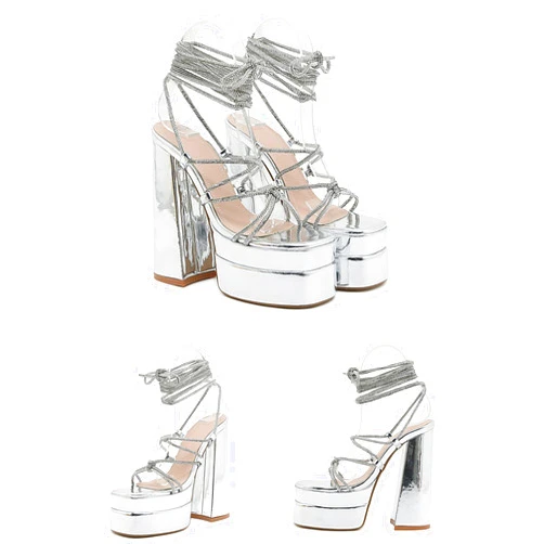 FUUBAMB00 Women's Rhinestones Lace Up Heels Square Open Toe 15cm /6in Chunky Platform Pump Sandals Party Dress Shoes