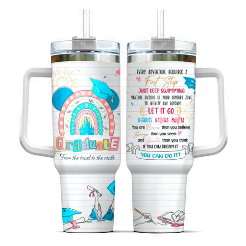 99WHALE Graduation Castle Adventure, Tumbler 40 Oz With Handle Lid And Straw, Graduation Gifts, Tumblers Rainbow Gold Senior White Class Handle Of Purple Royal Teal Blue Heart