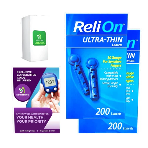 LightSpring ReliOn Ultra-Thin Lancets, 30-Gauge, for Sensitive Fingers, 200 Ct (2 Pack) Bundle with Exclusive Better Light&Spring Guide 