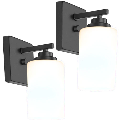 VerRon Set of 2 Wall Sconces for Bathroom, Modern Vanity Light Fixtures, Matte Black Wall Mount Lighting Lanterns, Farmhouse Wall Lights with White Glass Shade for Bedroom Living Room Mirror Hallway Kitchen