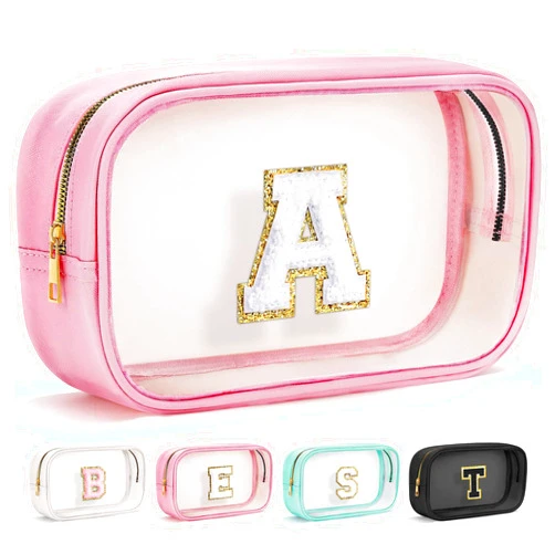 YOOLIFE Graduation Teacher Gifts Initial Clear Makeup Bag Birthday Gift Travel Toiletry Preppy Cosmetic Bags Birthday Gift for Girls Kids Travel Essentials Clear Toiletry Bag A