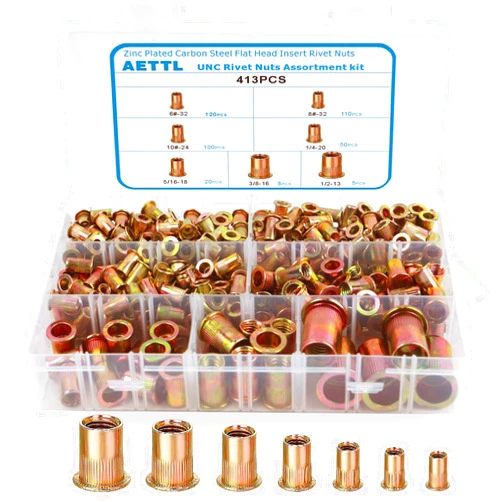 AETTL Rivet Nuts Kit, AETTL 413pcs SAE UNC Rivet Nuts Assortment, Zinc Plated Finish, Carbon Steel Flat Head Rivet Nut Kit with Case 6#-32,8#-32,10#-24,1/4-20, 5/16-18, 3/8-16, 1/2-13