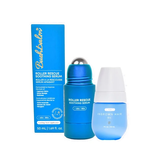 Bushbalm Ingrown Hair Roller Rescue And Nude Oil Bundle - Includes AHA & BHA - Exfoliating, Soothing, Cooling for Intimate Areas, Underarms - Helps With Razor Bumps and Ingrown Hairs, Blue (Bundle)