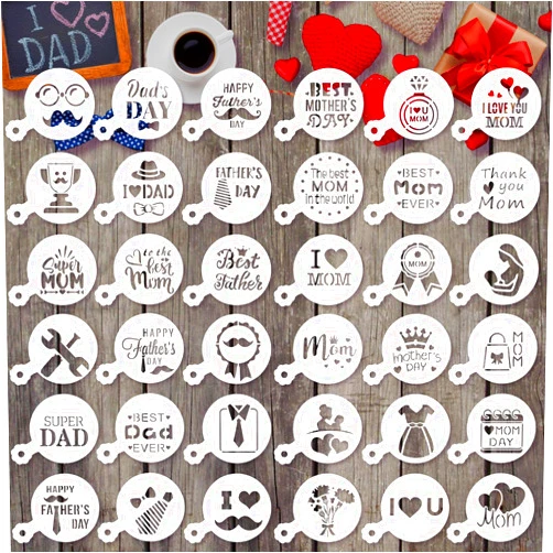 JULBEAR 36 Pieces Reusable Father's Day Cookie Cake Stencils Templates Mold Tools for Father's Day Birthday Party Mother's Day Cookie Stencil Royal Icing Cake Coffee Dessert Decoration Supplies