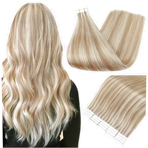 Fshine Full Shine Tape in Hair Extensions Human Hair 18 Inch Remy Human Hair Tape in Extensions Color 18/613 Ash Blonde Highlight with Platinum Blonde Invisible Hair Extensions Tape Ins 20Pcs 50Grams