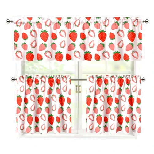 Psesaysky Strawberry Kitchen Curtains Sets for Windows Reusable Kitchen Window Curtains Small Kitchen Decor Stain Resistant Farmhouse Window Curtains for Living Room Set of 3