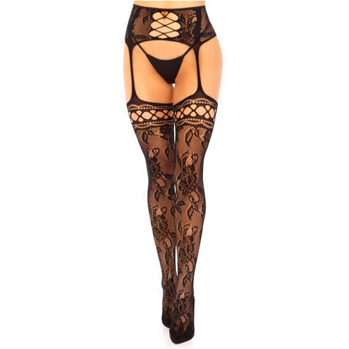 Leg Avenue French rose lace backseam stockings with attached garter belt, O/S, BLACK