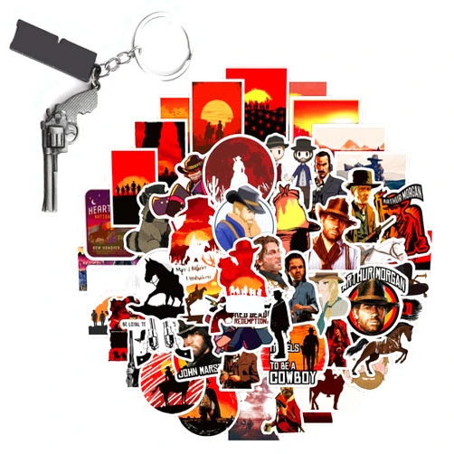 Babymiu Rdr Western Cowboy Stickers 50Pcs（with Gun keychian Pendant） Cowboy Game Merch Decal Stickers Gifts Party Supplies for Water Bottles Skateboard Guitar Phone
