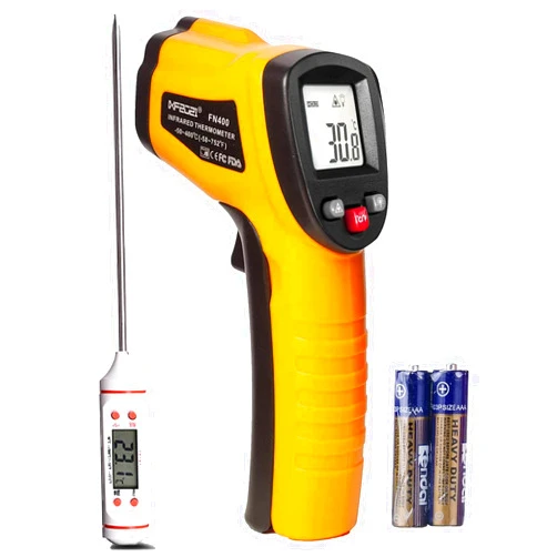 IXF2021 Long Probe Thermometer Included, Infrared Thermometer Cooking Digital Temperature Gun with Self Calibration -58~752℉(-50~400℃), Non-Contact Laser Temp Gun with Backlit (NOT for Human), Max Min Measure