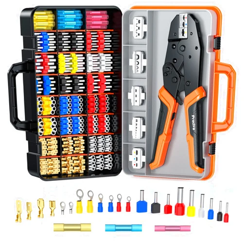 Preciva 6 PCS Crimping Tool Set with 395 PCS Connectors, Ratcheting Wire Crimper Tool for Heat Shrink,Insulated Connectors,Open Barrel,Circlip Terminals,Tube Terminals,Solar Connectors
