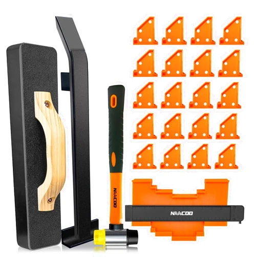 NAACOO Laminate Flooring Tools,Vinyl Flooring Tools, Heavy Tapping Block, Heavy Pull Bar, 10”Contour Gauge, 20pc Upgrade Flooring Spacers, Rubber Mallet - Professional 5 in 1 Flooring Installation Kit