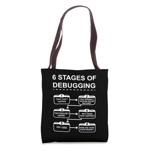 Developer Coder Coding PC Present, Tee and design 6 Stages of Debugging design Programming Computer Science Tote Bag