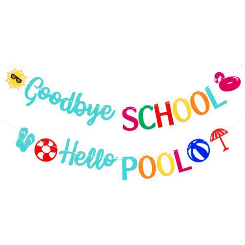 Hemicha Goodbye School Hello Pool Banner - Peace Out School Hello Summer Decor, Last Day of School Banner, End of School Party Decor, Summer Pool Beach Party Decorations
