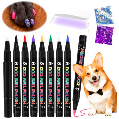 EBANKU Dog Nail Polish Pens Quick Dry, 8 Colors Pet Nail Polish Set with Top Coat Nail Lamp Glitter, Nail Polish Pen for Dogs DIY Nails, Pet Puppy Cat or Other Pets Nail Accessories Set