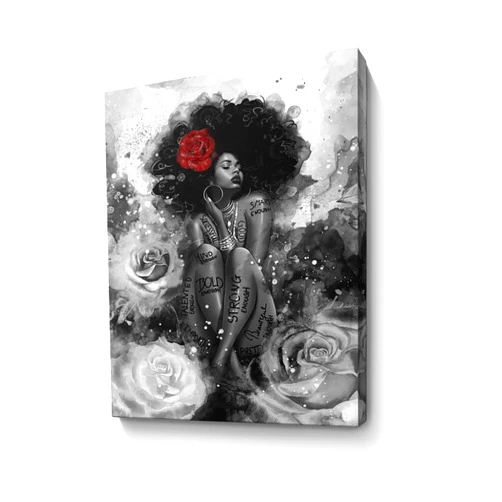 Parylore African American Canvas Wall Art Black Girl Fashion Print Abstract Black Art Picture Women Rose Wall Decor Painting Framed Modern Artwork for Bedroom Bathroom Office Home Decor 12x16 inch