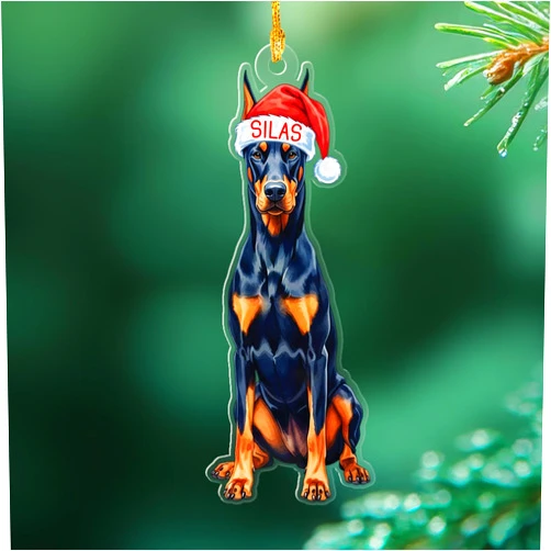 Yoriss Personalized Doberman Pinscher Shaped Ornament Gift for Dog Lover, Doberman Pinscher 2D Acrylic Ornament Xmas 2025, Custom Dog Christmas Hat Ornaments with Pet's Name, Pet Lovers Presents