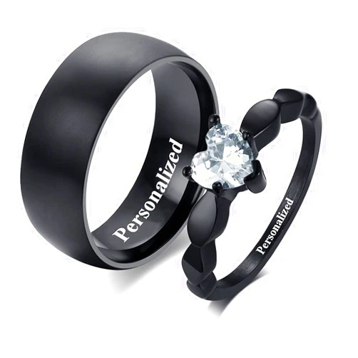 Shineyou Personalized Couples Rings Custom Promise Rings for Couples His and Hers Black Ring Set Titanium Steel Wedding Bands Engagement Rings for Men Women 2 PCS