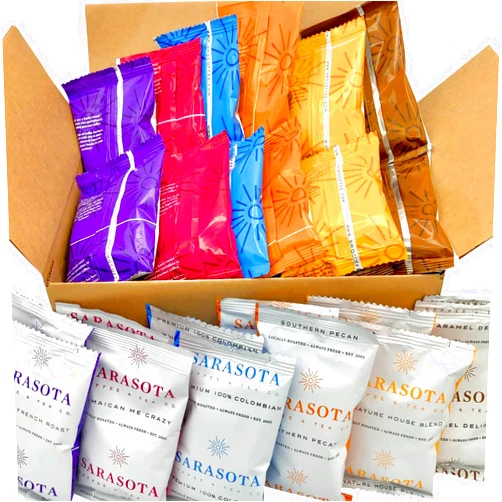 SARASOTA COFFEE & TEA CO. Sarasota Coffee Ground Coffee Sampler Packets, Assorted Variety Coffee Packs, Gourmet Ground Coffee Variety Pack, Medium, Dark, & Flavored Roasts, Single Pot Coffee Packets for 12 Cup Coffee Maker, (2 Oz Bags, 12 Count)