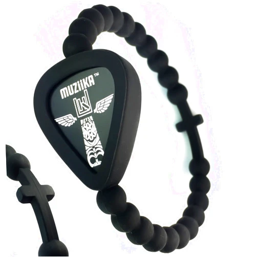 MUZiiKA Pickbandz MUZiiKA Guitar Pick Holder Bracelet By Pickbandz in Epic Black - holds up to 4 picks (two MUZiiKA picks included) select Beaded ONLY, w/SKULL or w/CROSS and (UNISEX) size (Medium Beaded with CROSS)
