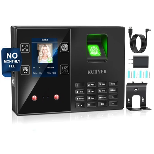 KUIIYER 4 in 1 Time Clocks for Employees Small Business (Face + Fingerprint + Palm Print + PIN) Employee Clock in & Out Machine Attendance Punch Clock Recorder Tracker for Small Businesses & Offices