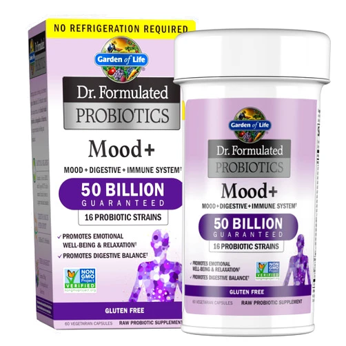 Garden of Life Dr. Formulated Probiotics Mood+ Acidophilus Probiotic Supplement - Promotes Relaxation and Digestive Balance - Ashwagandha for Stress Management - Non GMO, Gluten Free - 60 Veggie Caps